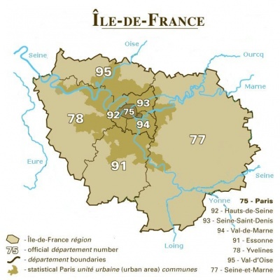 Aufbau der Île-de-France mit Départements und der Agglomeration (braun)
